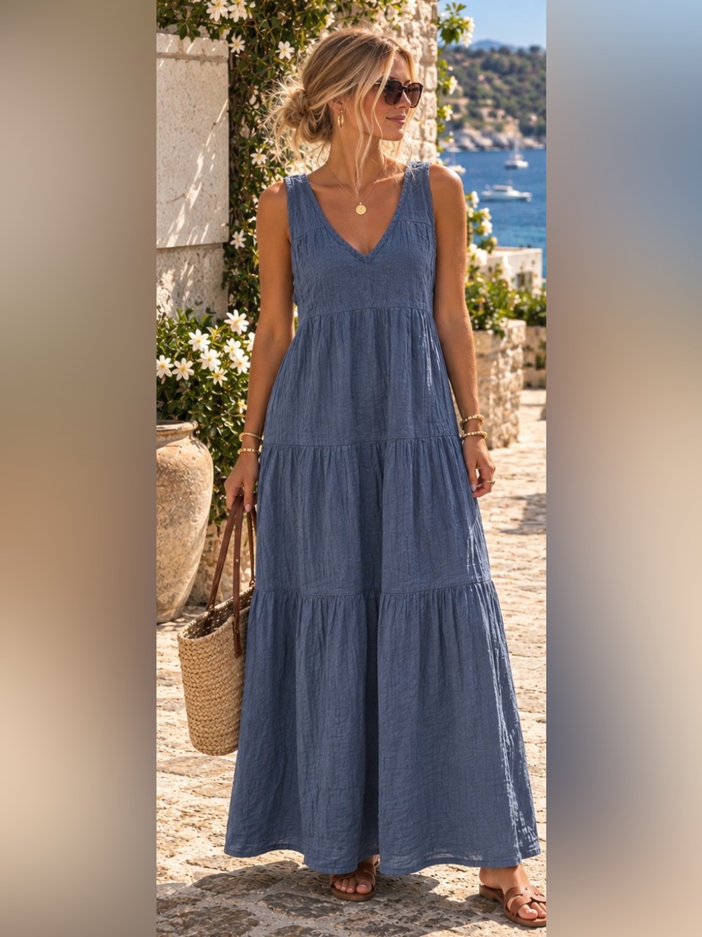 Quince Organic Cotton indigo Gauze Tiered Maxi Dress resortwear vacation
